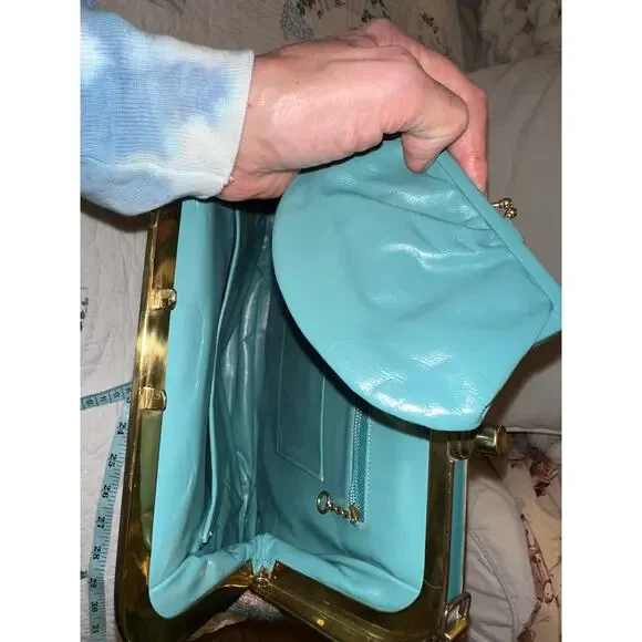 SHOWPIECE! NEVER USED VINTAGE 50's TEAL NEEDLEPOINT & PETITPOINT LEATHER BAG - Picture 4 of 14